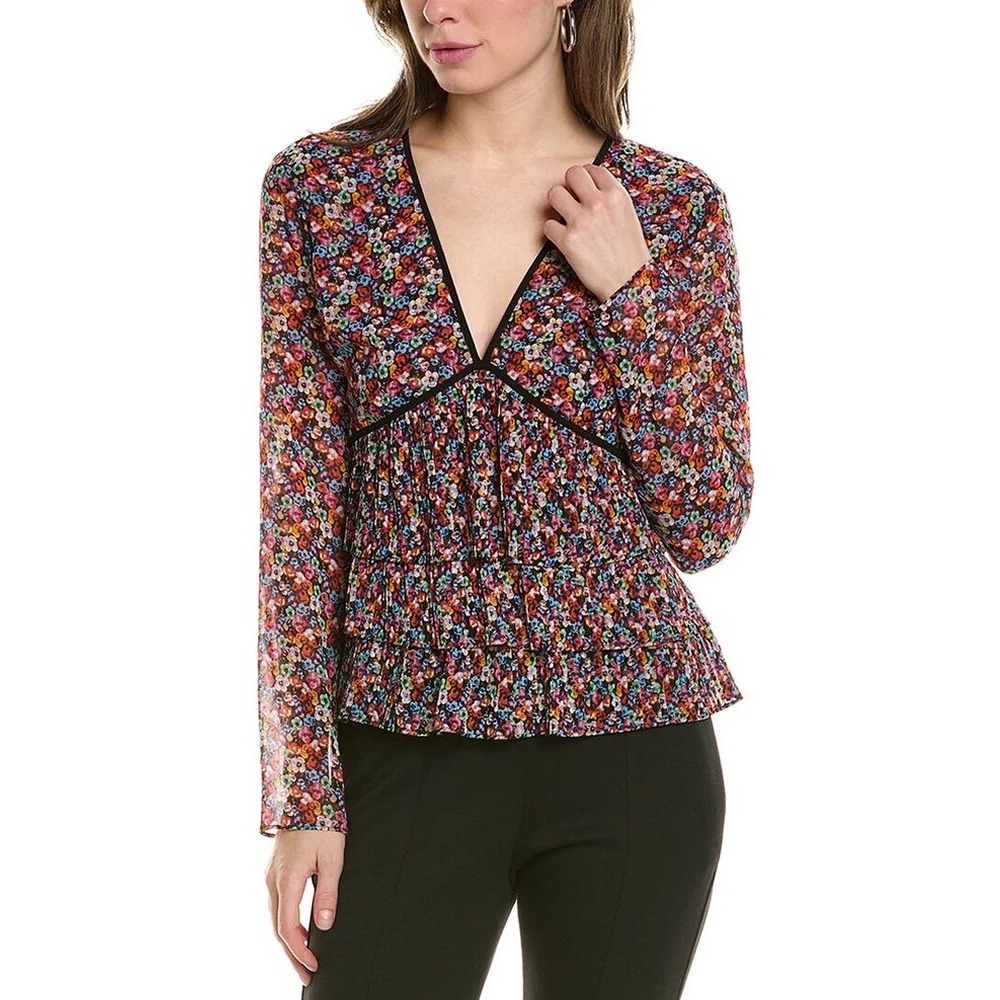 THE KOOPLES Blazing Field Floral Print Tiered Accordion Pleated Peplum Top 1 New
